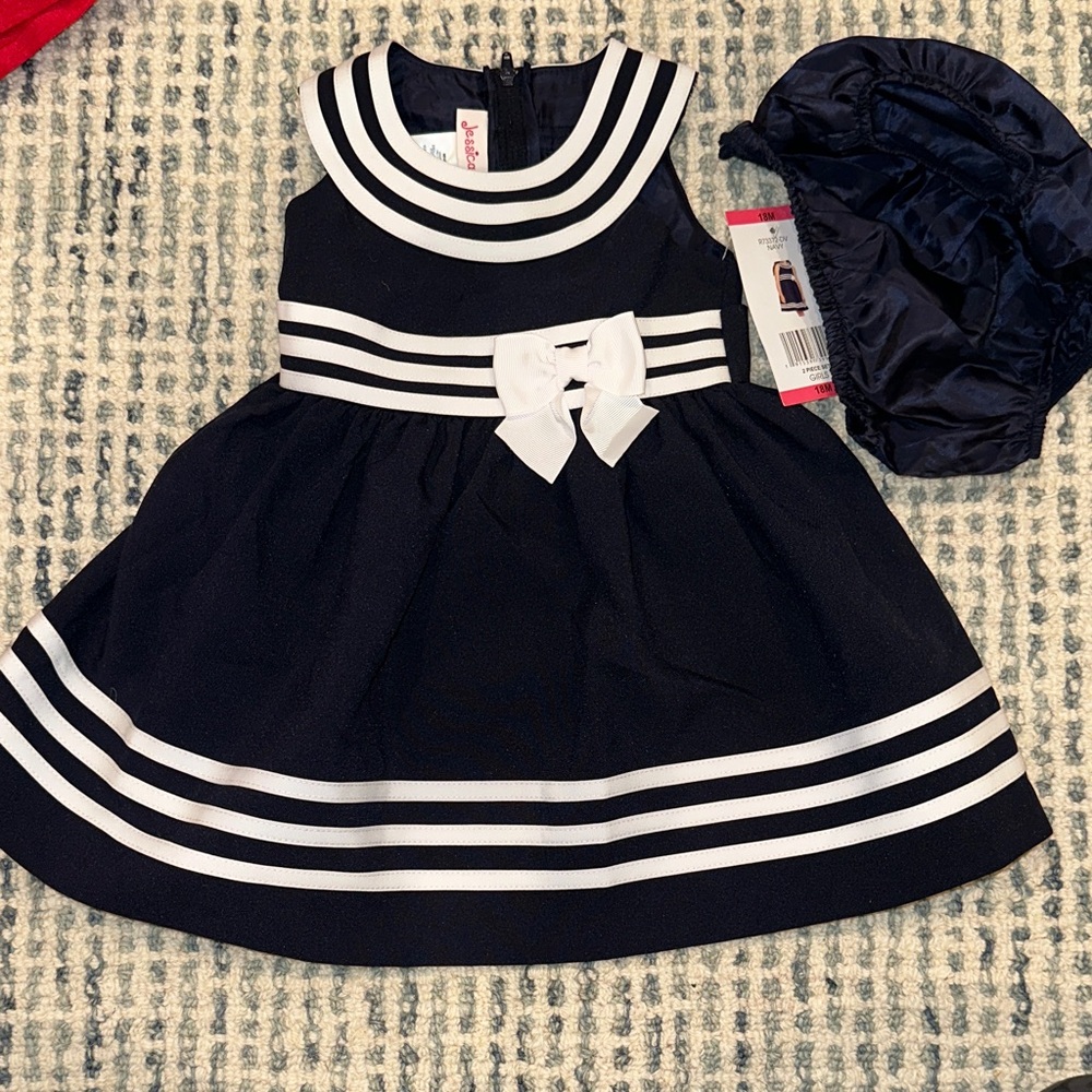 Jessica Ann Navy and White Sleeveless Sailor Dress with Bow